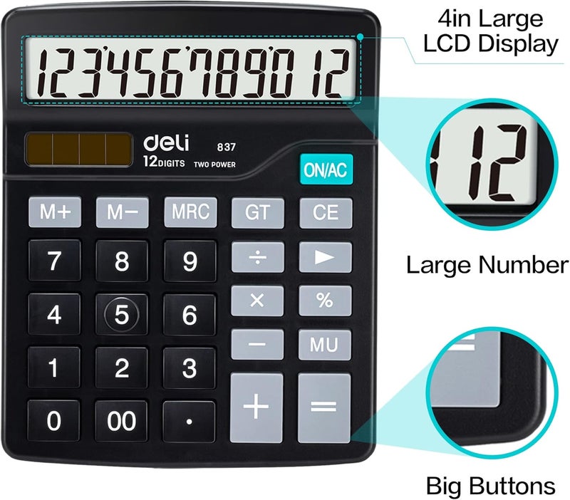 Deli Calculator, Standard Function Desktop Calculators with 12 Digit Large LCD Display and Sensitive Button, Solar Battery Dual Power Office Calculator, Black - Image 3